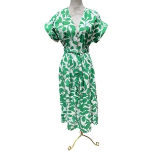 Coastal White Green Botanical Cotton Maxi Shirt Dress Belted Pockets Zara M thumbnail 5
