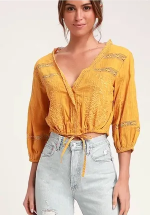 Free People Follow Your Heart Golden yellow Embroidered Lace Blouse size medium thumbnail 1