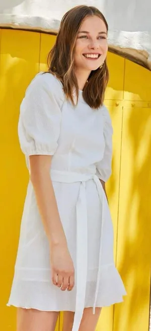 Boutique NWT white puff sleeve ruffle hem belted dress thumbnail 3