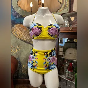Vintage Retro High Waisted Bikini Set Floral Yellow Purple Rose Tropical Pinup L thumbnail 4