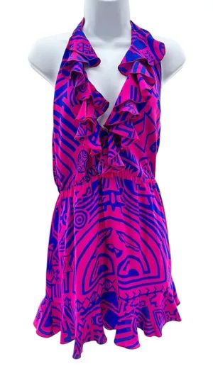 Amanda Uprichard Silk Halter Dress Medium‎ Pink Blue Print Ruffle Trim Summer thumbnail 1
