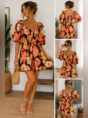 &Merci Retro Floral Puff Sleeve Mini Dress Tie Waist Cottagecore thumbnail 2