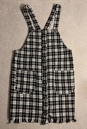 KORI Black White Plaid Tweed Fringe Overall‎ Mini Dress Size Large thumbnail 1
