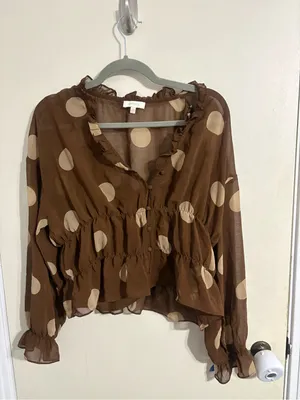 Parker Brown Polka Dot 2 Piece Set Blouse Shirt Top Cami Ruffle Peplum Size M thumbnail 3