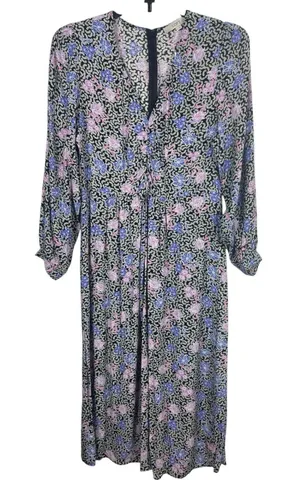 LOFT Floral Long Sleeve Ruched Bust Midi Sz 12 Lightweight Cottagecore Dress NWT thumbnail 1