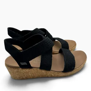 Skechers Black Arch Fit Strappy Wedge Sandals Womens Size 8.5 Cork Wedge thumbnail 2