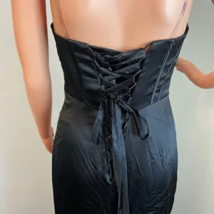 Black Satin Strapless Corset Slit Maxi Gown Formal Dress thumbnail 5