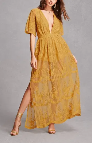 Anthropologie Sohcue Mustard Yellow Sheer Lace V-Neck Maxi Dress Small NWT thumbnail 1