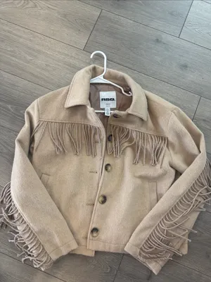 Fringe Button-Up Jacket in Beige Tan thumbnail 2