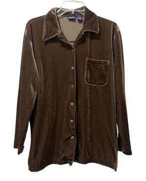 Vintage Honors Small Brown Velvet Button Down Shirt‎ Y2K Soft Vamp Retro Lounge thumbnail 1