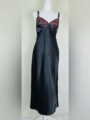 Vintage Black Satin Slip Dress Burgundy Embroidered Lace Maxi S thumbnail 3
