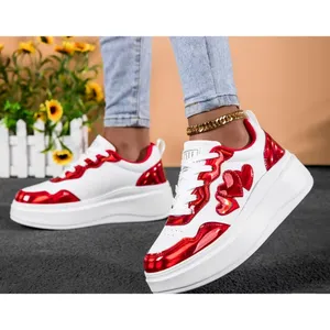 Red Heart Pattern Lightweight Sneakers Cushioned Sole 8 White thumbnail 4