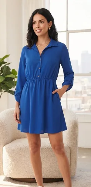freebird Cobalt Blue Button-Front Mini Shirt Dress thumbnail 1