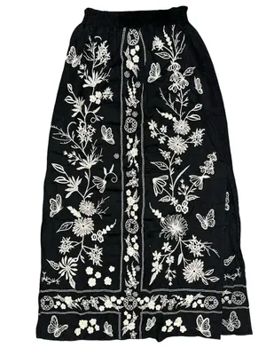 Johnny Was Women’s Size S Black White Embroidered Domingo High Slit Linen Skirt thumbnail 4