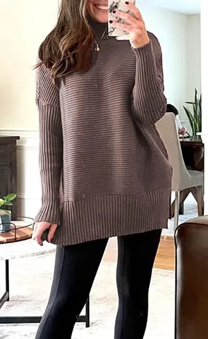Turtleneck Oversized Tunic Long Sleeve Spilt Hem Pullover Knit Sweater Top S thumbnail 3