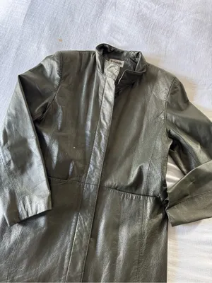 Bagatelle Olive Green Long Leather Jacket, size 14 thumbnail 7