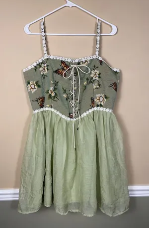 Cider Women’s Faeriecore Butterfly Floral Embroidered Lace-Up Tank Mini Dress thumbnail 1