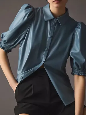 NWT Anthropologie Dolan left coast Puff Sleeve Faux Leather Blouse blue Size S thumbnail 1