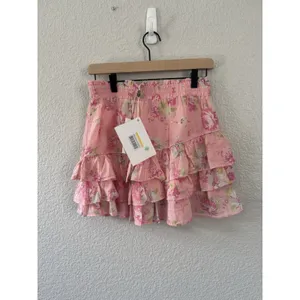 LoveShackFancy Pink Floral Tiered Mini Skirt M NWT Coquette Romantic HTF Silk thumbnail 3