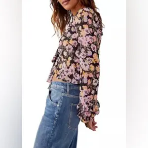 FREE‎ PEOPLE Maybel Sheer Floral Tie Front Peplum Top Crop Black Pink Small New thumbnail 15