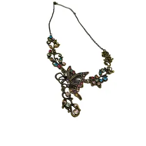 Brass-Tone Multi Color Rhinestone Butterfly Flower Charm Necklace thumbnail 7