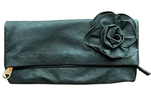 Steve Madden Rose Foldover Magnetic Zip Up Clutch Purse Black Faux Leather EUC . thumbnail 1
