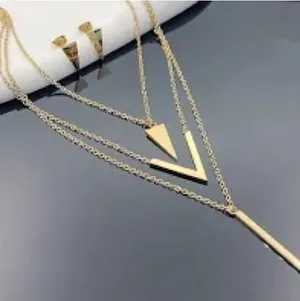 Stainless Steel Gold Layered Triangle Pendant Necklace & Earrings Women Jewelry thumbnail 1