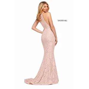 Sherri Hill 53361 Blush Lace Halter Gown High Slit Rhinestone‎ Dress NWT Size 8 thumbnail 2