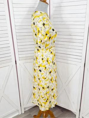 Hugo Buscati Floral Silk‎ Dress Yellow Size 6 Fit Flare Retro Twee Summer thumbnail 3