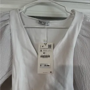 Zara White Puff Sleeve Cropped Top NWT thumbnail 4