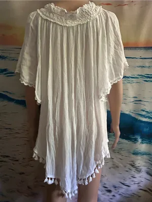 Nouveau Beach Women's White Tassel Hem Peasant Dress Swim Cover Up MD NWT thumbnail 2