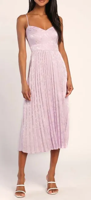 Lulus Regal Romance Lavender Floral Jacquard Pleated Satin Midi Dress thumbnail 1