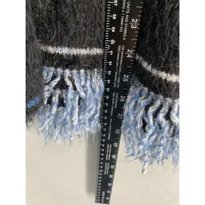 Arette Womens Cardigan Fuzzy Grid Plaid Fringe Zip Up Black Blue Large thumbnail 4