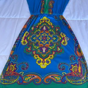 Vibrant Boho Paisley Mini Dress 🌈 Deep V Neck Festival Summer Dress | Blue & Green Statement Piece | Size S (Forever 21) ✨ thumbnail 6