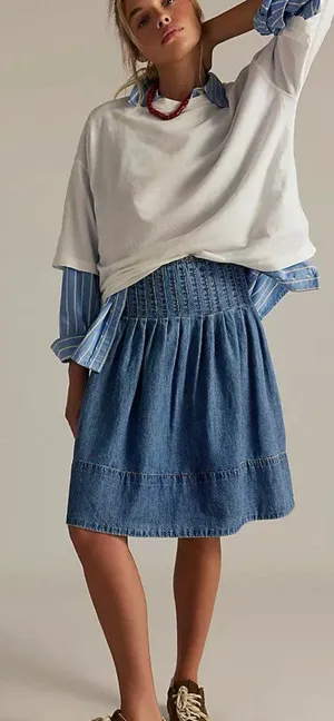 NWT Free People We The Free Peyton Pintuck A-Line Denim Midi Skirt Size 4 thumbnail 1