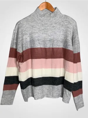 beachlunchlounge Gray Mock Neck Sweater with Rust, Pink & Cream Stripes L thumbnail 1