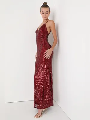Lulu's Ever So Elegant Shiny Burgundy Sequin Mermaid Maxi Dress thumbnail 4