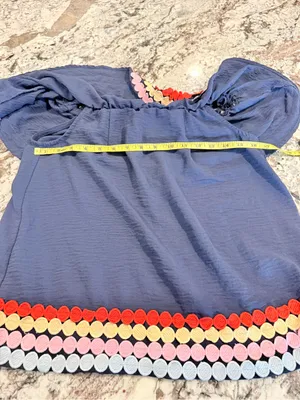 Entro Navy Off Shoulder Ruffle Top Small Colorful Embroidered Trim thumbnail 6