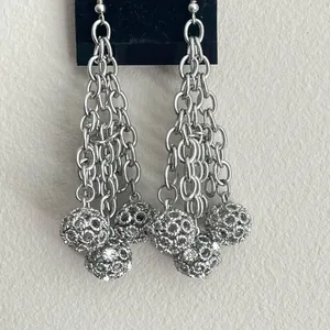 Dangle Earrings Silver Tone Chains Openwork Filigree Balls Fashion Jewelry 3.5in thumbnail 5