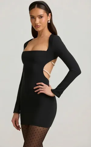 Oh Polly Akari Pearl-Detail Cut-Out Mini Dress in Black Size 8 Long thumbnail 1