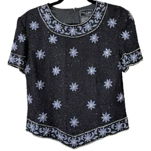 Cote d’ Azur medium vintage silk beaded sequin floral formal top evening wear thumbnail 12