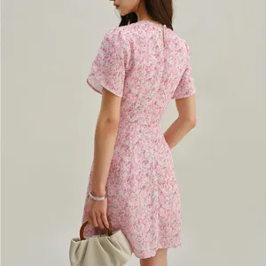 Rihoas Pink Floral Round Neck Pleated Mini Dress thumbnail 3