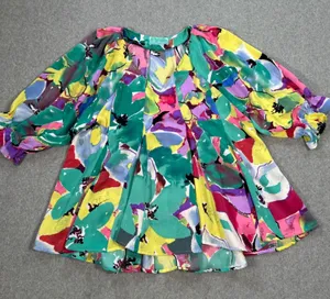 J Jordan Emerald Floral Pleated Blouse Women's Small Tunic Balloon Sleeve V-Neck thumbnail 1