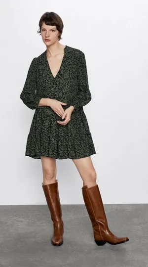 Zara Khaki Green Claris Printed‎ V-Neck Short Sleeve Dress Small thumbnail 1