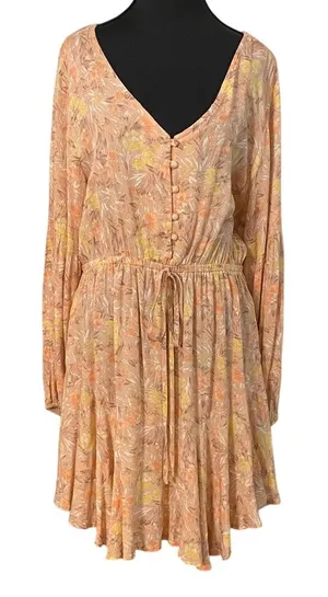 Cozy Co Boho Peach Long Sleeve Mini Dress Pockets Large Prairie Soft Girl Flowy‎ thumbnail 1