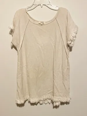 Umgee Size S Beige Oatmeal Short Sleeve Linen Cotton Frayed Tunic Top thumbnail 1