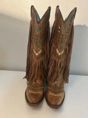 Corral Ladies 7.5 Brown & Multicolor Crystal Fringe Snip Toe Boots C2910 thumbnail 5