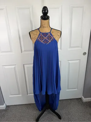Arden B XS Cobalt Blue Beaded Pleated High Low Maxi Dress Y2K thumbnail 2