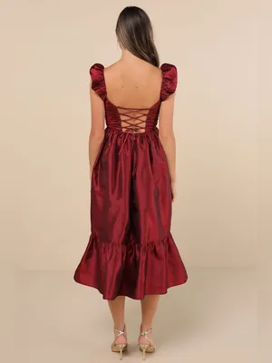 Lulus Poised Passion Wine Red Taffeta Pleated Ruffle Midi Dress Size XS NWT thumbnail 2