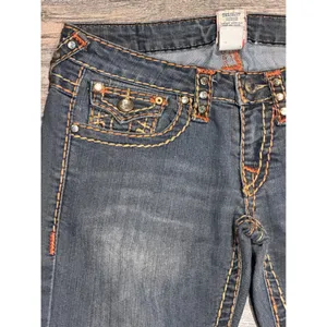 True Religion Joey Super T Straight Leg Jeans Orange‎ Yellow Stitch BLING Y2K 26 thumbnail 6